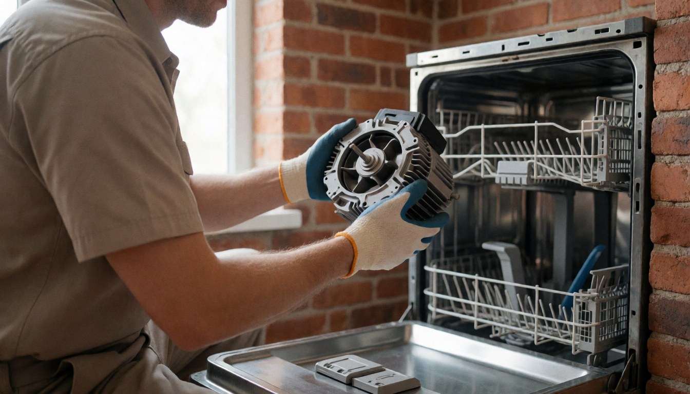 Technician checking dishwasher motor in workshop with brick wall and tools visible