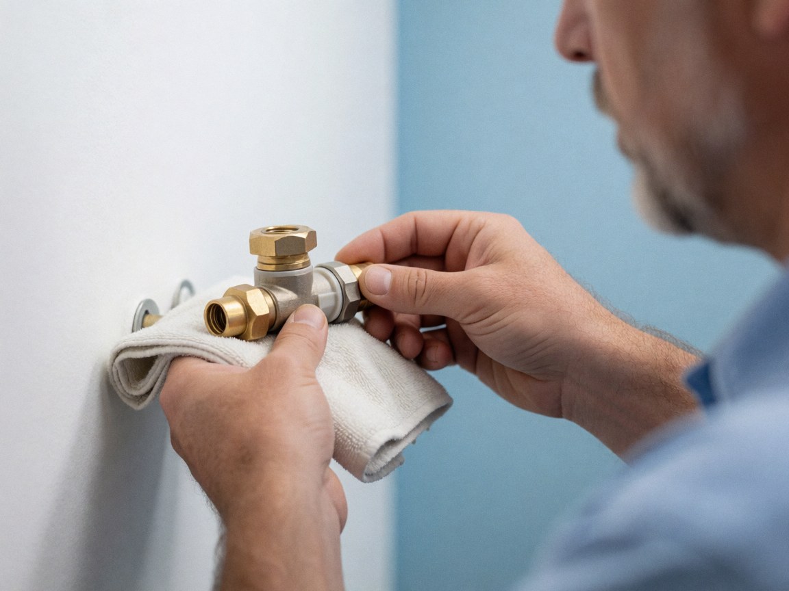 Close-up of hands installing a water inlet valve in a dishwasher, with a white towel and soft blue background in a clean professional setting