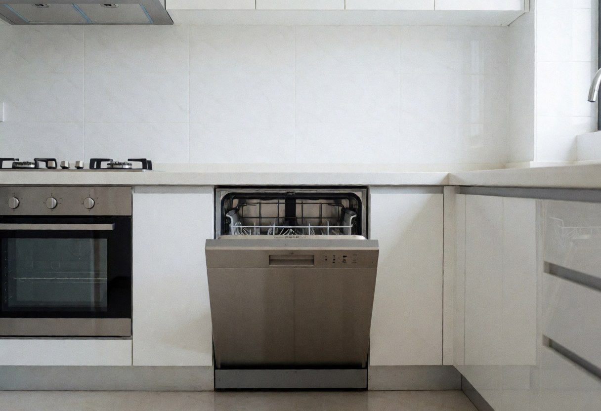 Open built-in dishwasher in a modern kitchen with empty racks, white tile walls, and stainless steel appliances