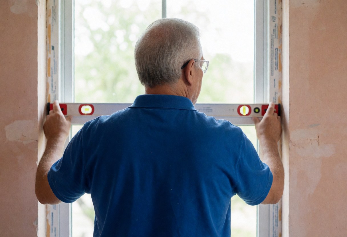 Close-up of installer's hands using a level to measure a new insulated window frame during installation.