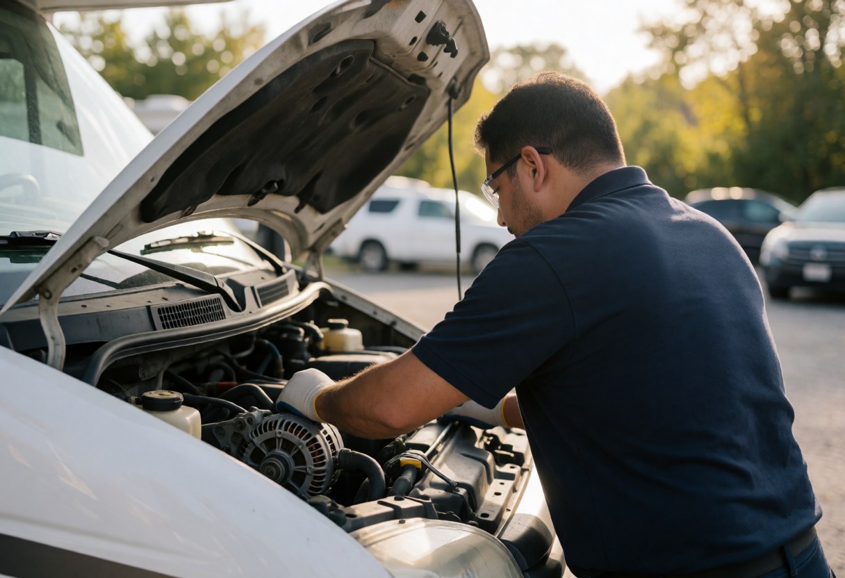Technician wearing gloves and glasses checks the alternator under the hood of a white motorhome in an outdoor workshop setting.