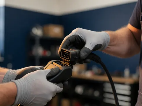 Close-up of a gloved hand connecting an OBD-II diagnostic cable to a motorcycle tool against a blurred workshop background.