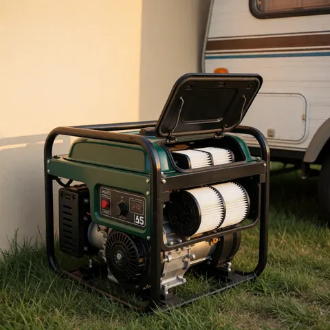Green portable generator with open filter near camper under warm sunset light ready for use