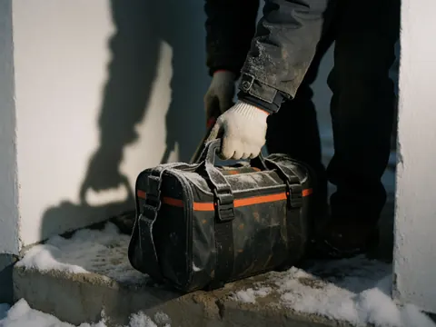 Gloved hands holding a black and orange striped tool bag covered in snow on a snowy concrete step with white walls and long shadows.