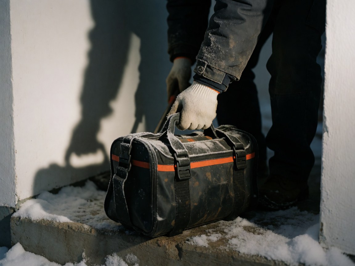 Gloved hands holding a black and orange striped tool bag covered in snow on a snowy concrete step with white walls and long shadows.