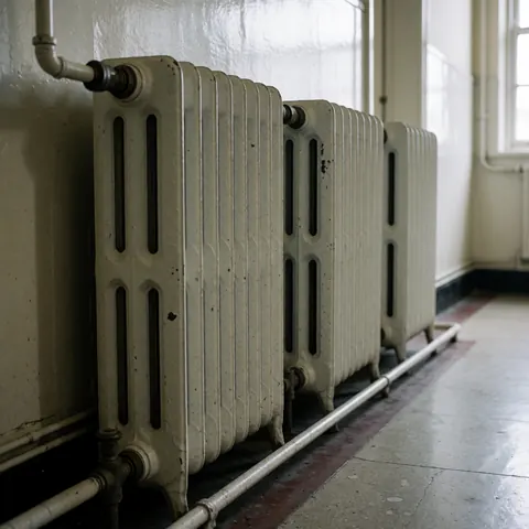 Three vintage cast iron radiators with worn paint and connected pipes in an old building hallway with natural light.