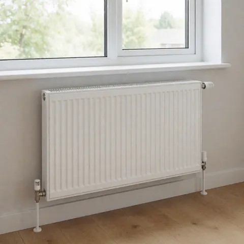 White panel radiator installed beneath a window, with visible valves and pipes, a clean wall and wooden floor.
