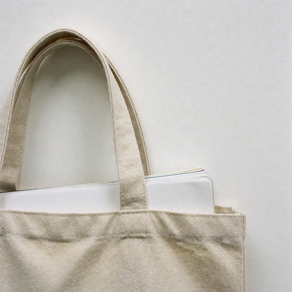 Beige canvas tote bag with visible stitching, white notebook peeking out, white background, even lighting