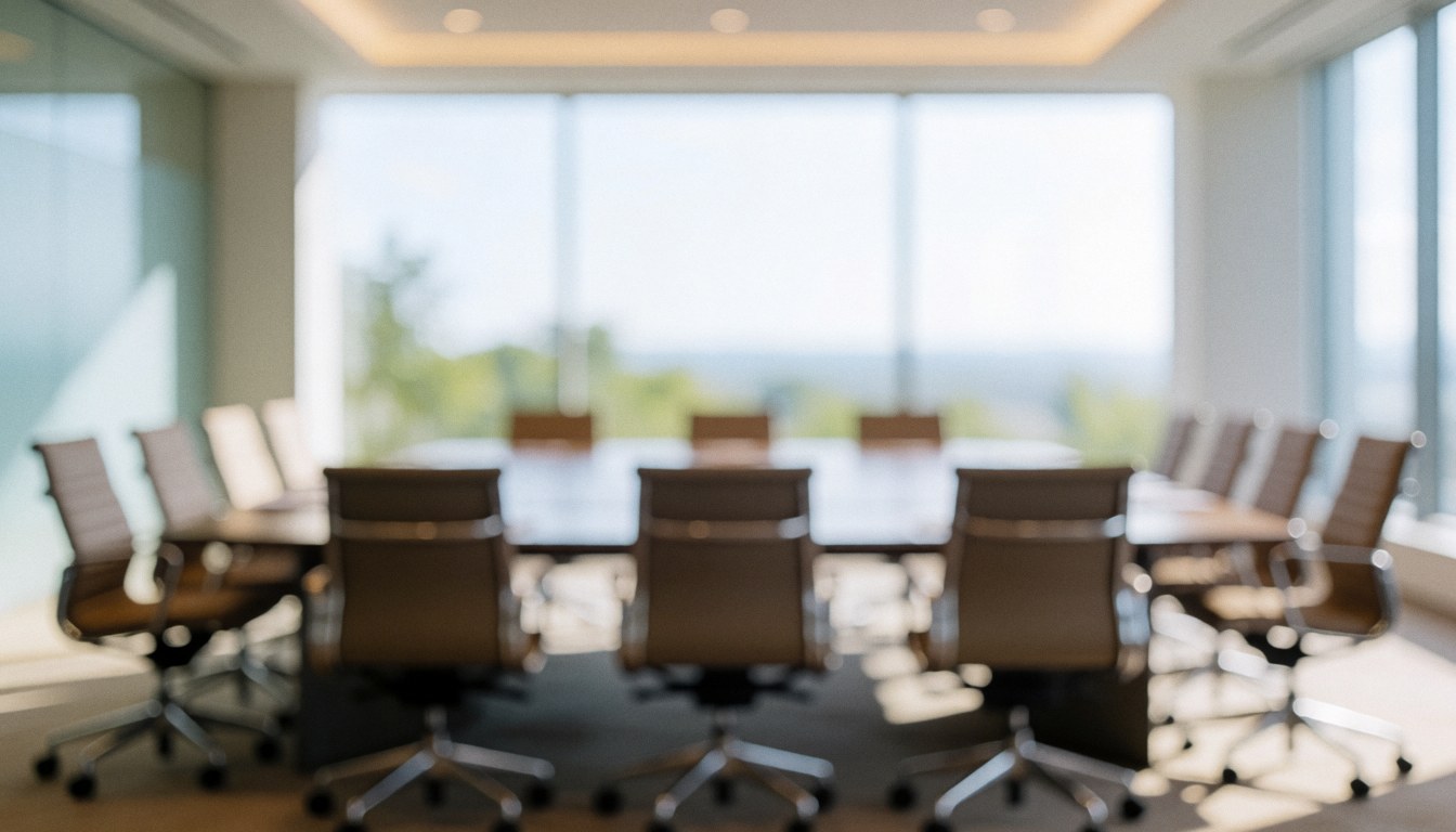 Bright modern meeting room with empty tables and chairs, illuminated by natural light, suitable for presentations or corporate text backgrounds