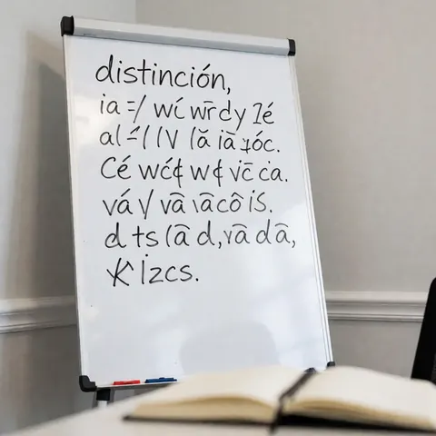 Whiteboard displaying Spanish phonetics with an open notebook in the foreground against a light gray wall in a Spanish class setting