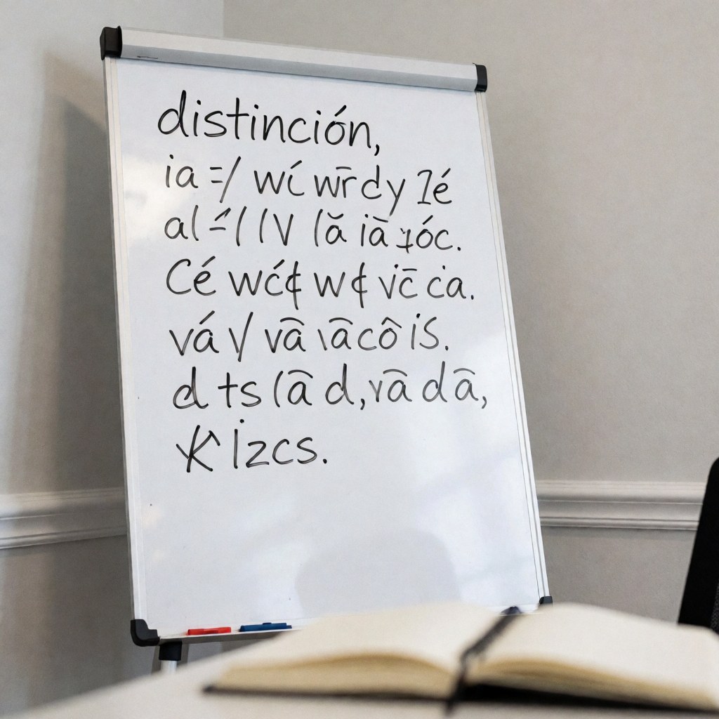 Whiteboard displaying Spanish phonetics with an open notebook in the foreground against a light gray wall in a Spanish class setting