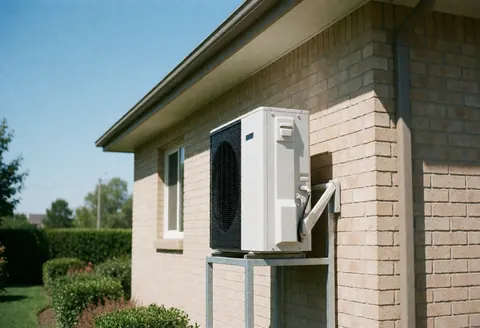 White heating unit mounted on a beige brick wall with a green garden and lawn under a clear blue sky.