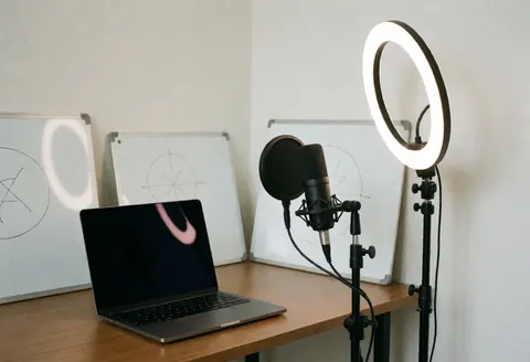 Virtual studio setup for online classes featuring a laptop, professional microphone, and ring light with whiteboard diagrams in the background.