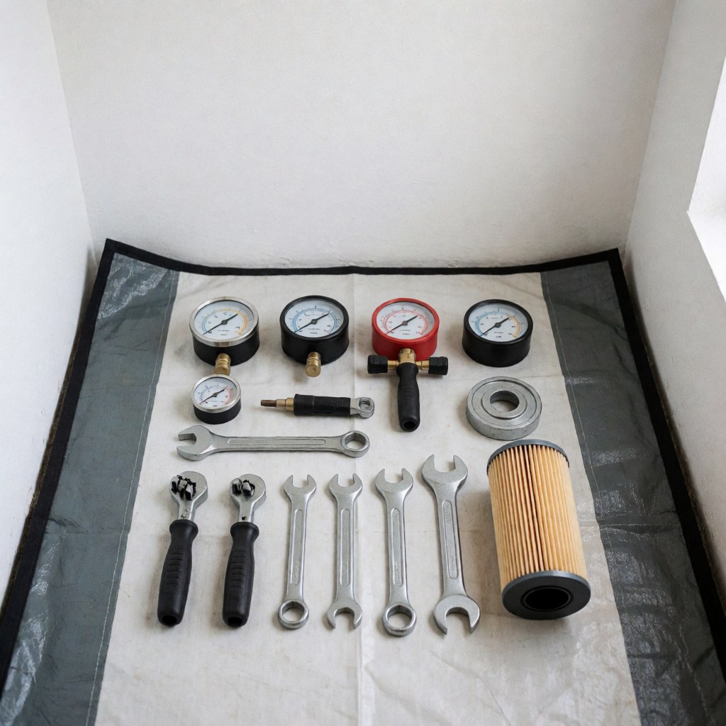 Heating repair tools including wrenches, gauges, and a new filter arranged on a white canvas in a clean professional space.
