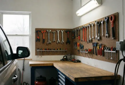 Wooden workbench and pine tool wall in a heating repair shop with a partially visible vehicle on the left.