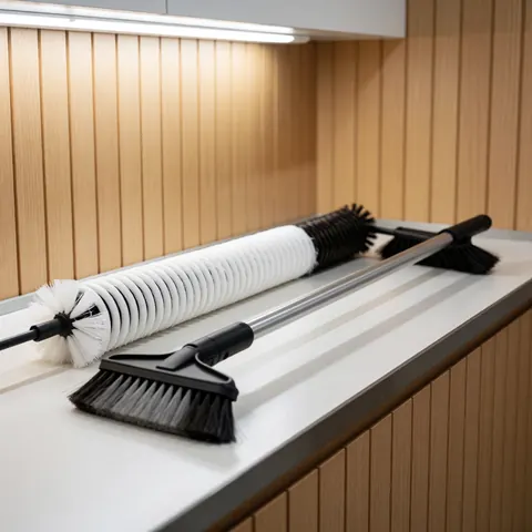 Professional cleaning brushes and tools arranged on a workbench for heating repair services