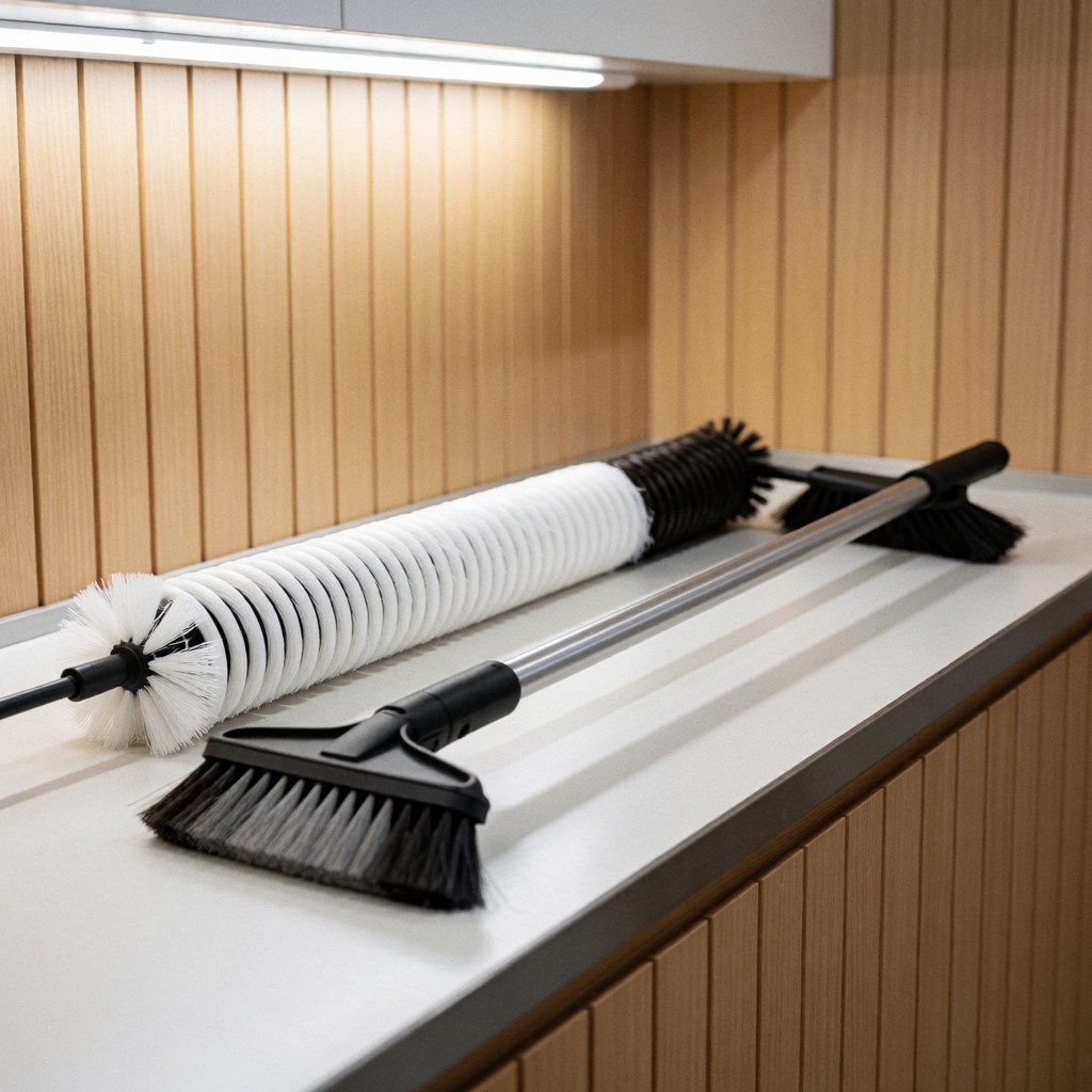 Professional cleaning brushes and tools arranged on a workbench for heating repair services