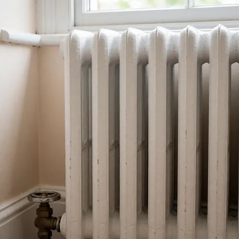 White cast iron radiator with hand valve on beige wall near window natural light
