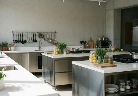 Clean modern kitchen featuring stainless steel islands, concrete walls, hanging utensils, and fresh fruit in glass containers.