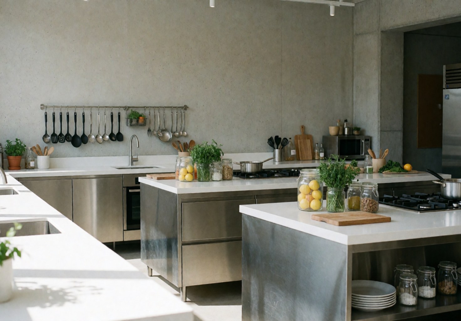 Clean modern kitchen featuring stainless steel islands, concrete walls, hanging utensils, and fresh fruit in glass containers.