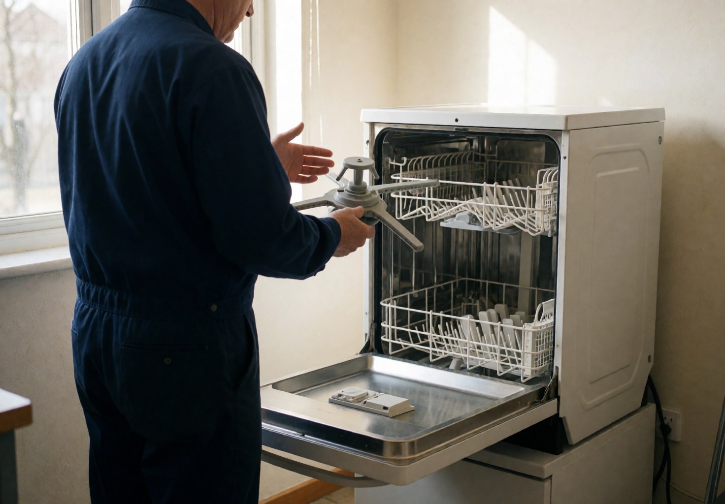 Technician in blue uniform checking a clean spray arm inside an open white dishwasher with natural light and tidy floor