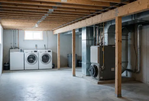 Basement featuring an industrial heating boiler, wooden beams, pipes, and washing machines in the background with natural light from a window.