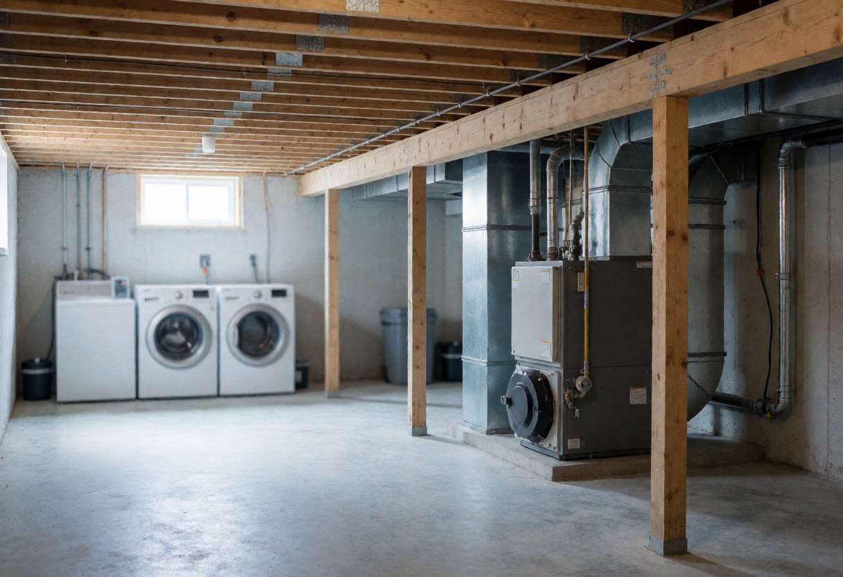 Basement featuring an industrial heating boiler, wooden beams, pipes, and washing machines in the background with natural light from a window.