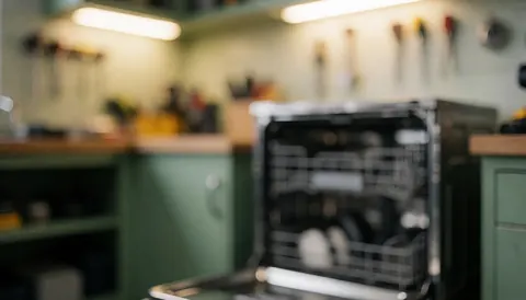 Open dishwasher in a repair workshop with hanging tools, warm lighting and blurred background for text overlay