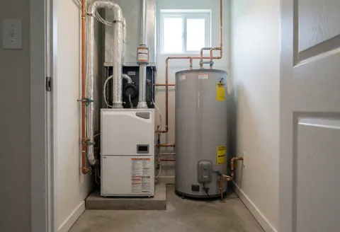 Clean concrete floor heating room with white boiler, water heater, copper pipes, and window