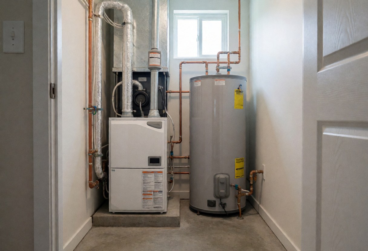 Clean concrete floor heating room with white boiler, water heater, copper pipes, and window