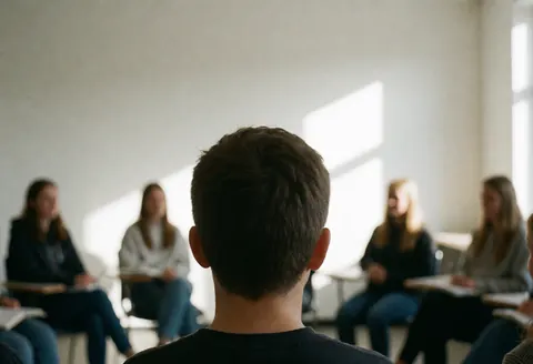 Back view of a student in a spanish class with others seated in a circle and white walls creating a learning atmosphere