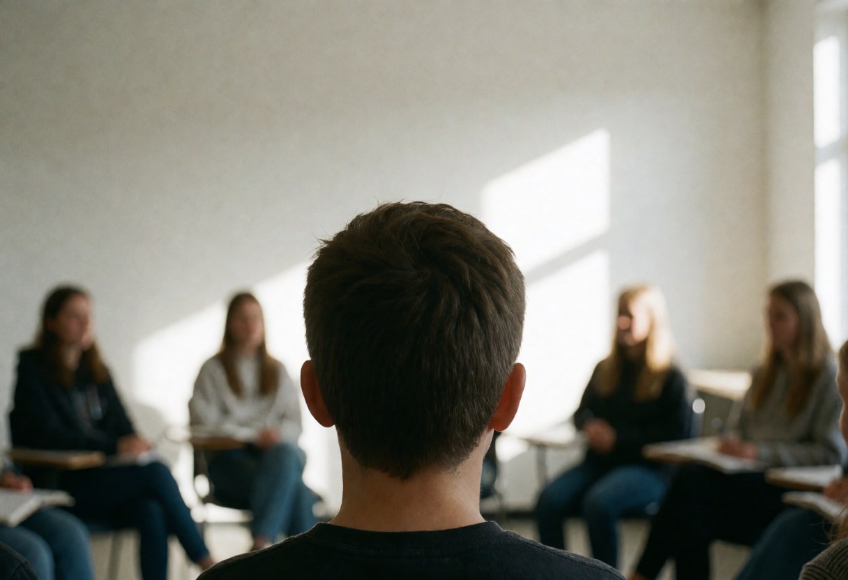 Back view of a student in a spanish class with others seated in a circle and white walls creating a learning atmosphere
