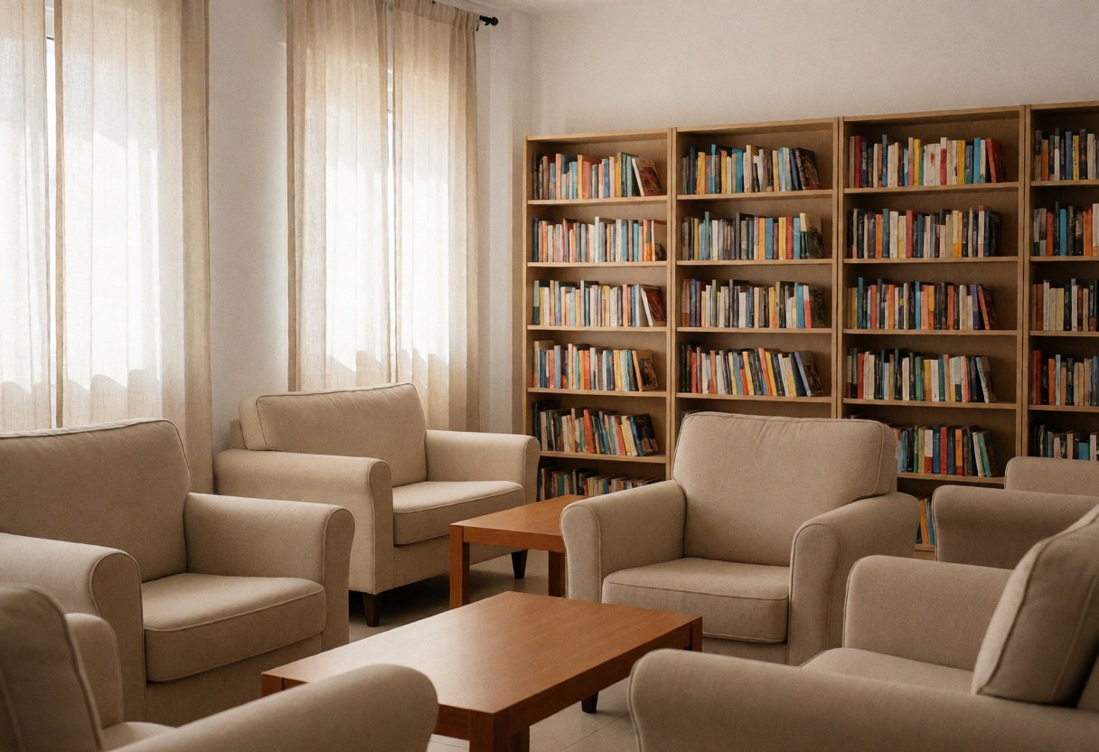 Cozy reading room featuring beige armchairs, wooden tables, and bookshelves filled with books, illuminated by natural light through curtains.