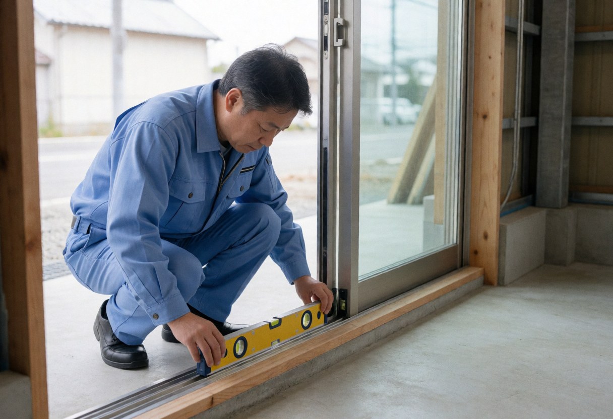 Worker in blue uniform uses a yellow level to align a sliding glass door during installation on a concrete floor.