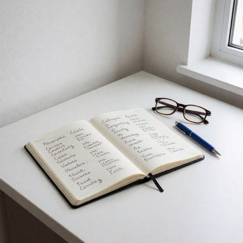 Open notebook displaying Spanish vocabulary, eyeglasses, and a blue pen on a white desk near a window with natural light