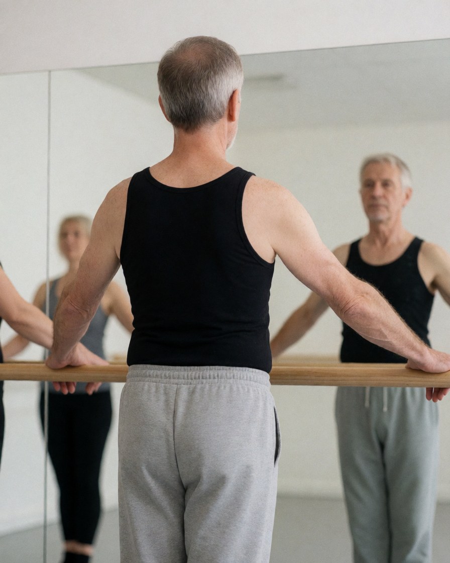 Back view of an older man holding a wooden ballet barre in a dance studio with a mirror reflecting his posture against a white wall.