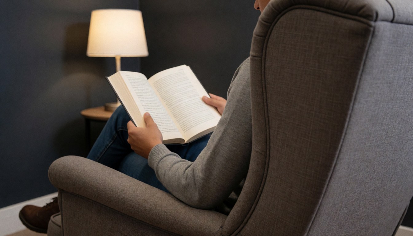 An adult reads an open book in a gray fabric armchair beside a lit floor lamp against dark gray walls in a calm indoor setting.