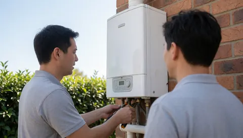 Two technicians inspecting a white wall-mounted water heater against a brick wall with green bushes and clear sky in the background