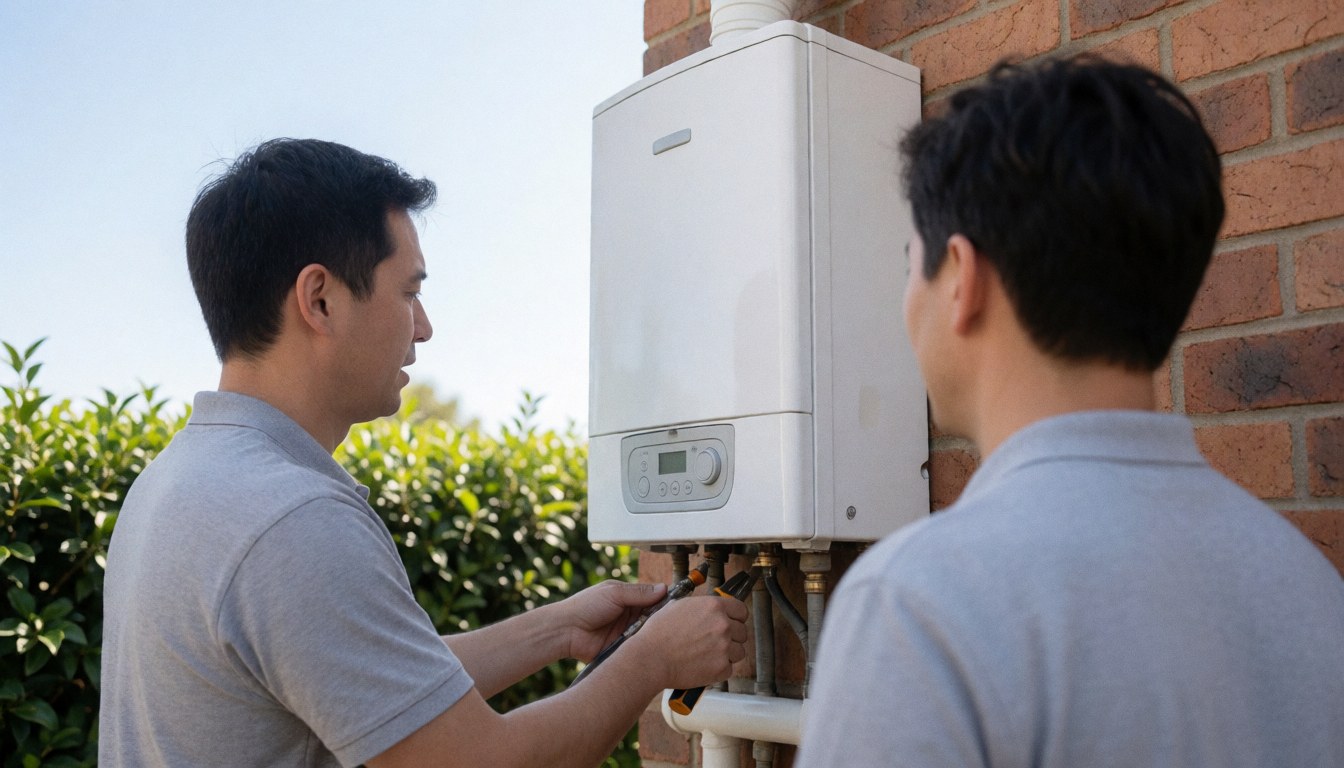 Two technicians inspecting a white wall-mounted water heater against a brick wall with green bushes and clear sky in the background