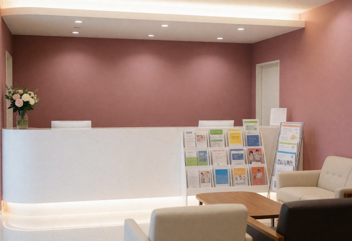 White reception desk with pink wall, chairs, and brochures in a warm, welcoming educational center interior