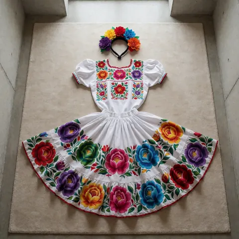 Full jarabe tapatio outfit with vibrant floral embroidery, floral headdress, and wide skirt laid out on a beige carpet against concrete walls
