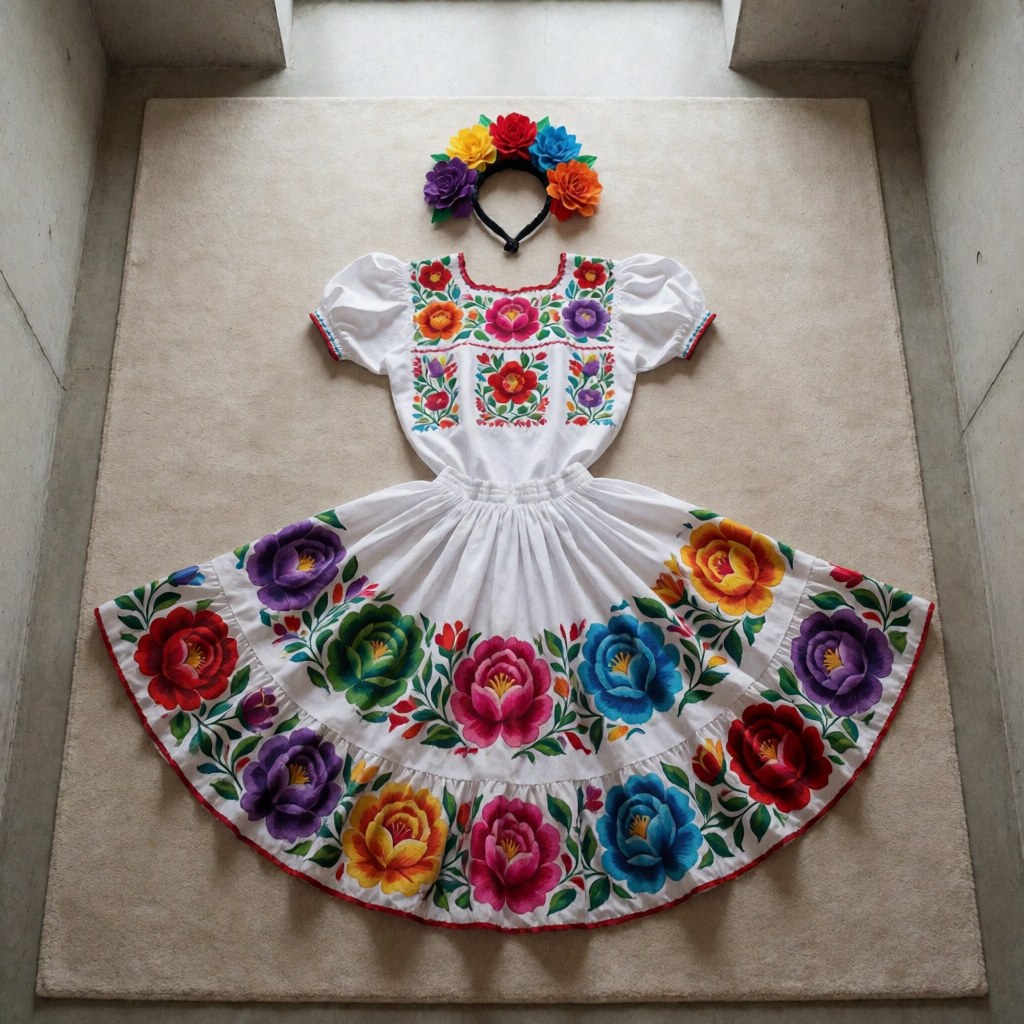 Full jarabe tapatio outfit with vibrant floral embroidery, floral headdress, and wide skirt laid out on a beige carpet against concrete walls