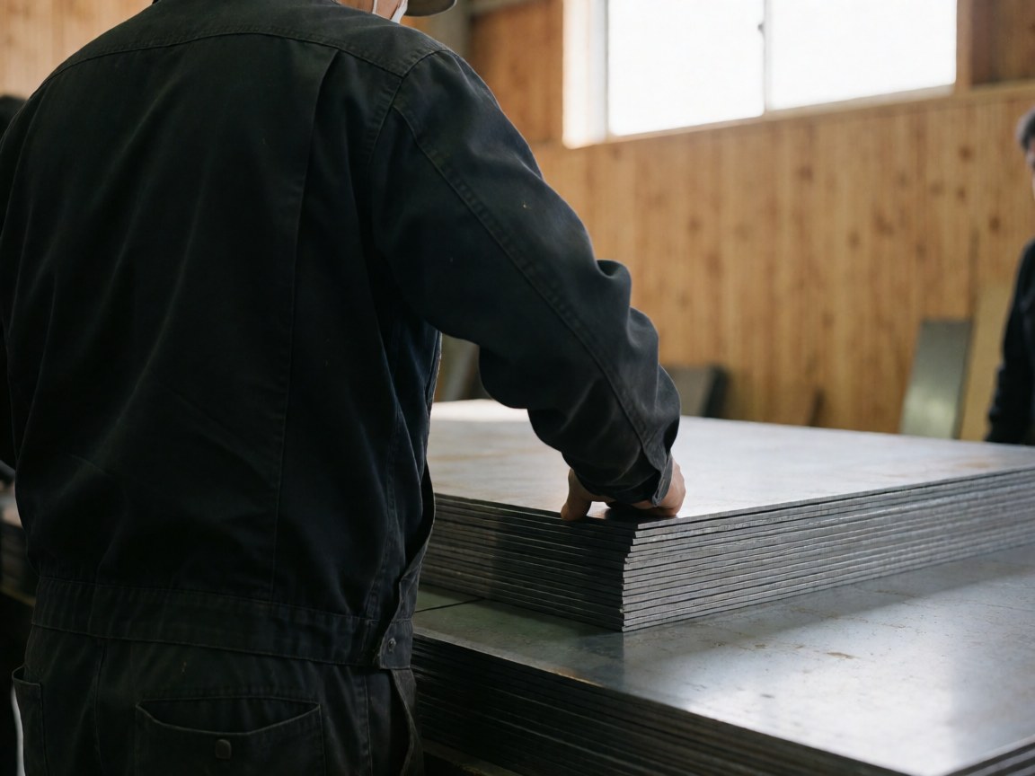 A worker carefully inspects a stack of cut steel plates in a metal workshop with natural light and wooden walls.