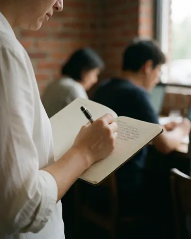 An adult student writing notes in a notebook with a pen, illuminated by natural light against a brick wall in a quiet study setting.