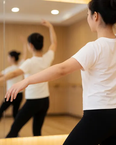 A dance student practices contemporary movements in front of a mirror in a studio with light wood walls and warm lighting