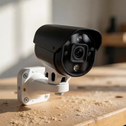 Black security camera with white mount on a wooden workbench with wood shavings, soft sunset lighting, ideal for camper repair