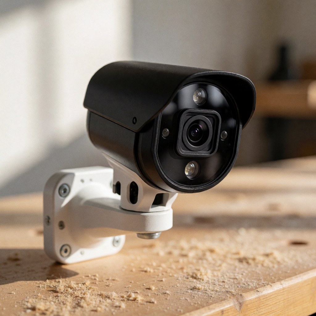 Black security camera with white mount on a wooden workbench with wood shavings, soft sunset lighting, ideal for camper repair