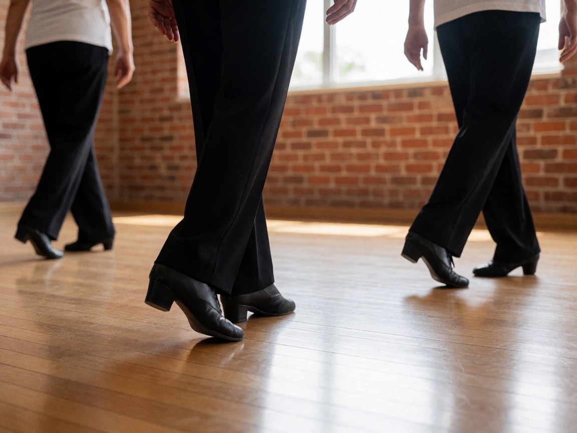 Close-up of black dance shoes on a polished wooden floor with sunlight and a red brick wall in the background