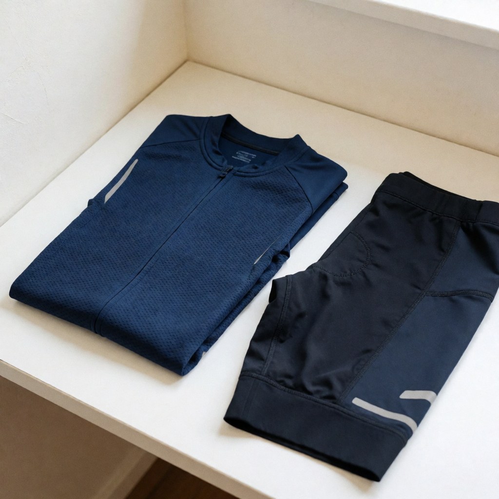 Folded cycling jersey and shorts with reflective details and visible texture on a white surface with soft diffuse lighting