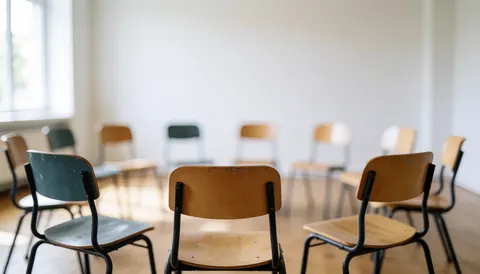Empty classroom with wooden chairs in a circle, natural light, blurred background, ideal for Spanish class text overlay